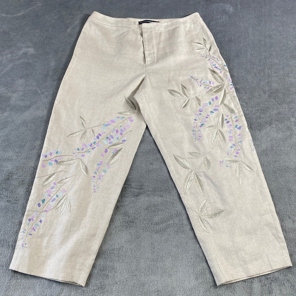 Linda Allard Ellen Tracy 100% Linen Embroidered Pant 10 Casual Mom Easter Preppy